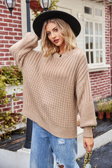 Ribbed Drop Shoulder Lantern Sleeve Sweater - Flyclothing LLC