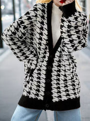 Houndstooth Button Up Long Sleeve Cardigan - Trendsi