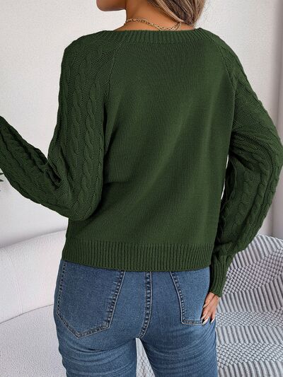 Cable-Knit Round Neck Long Sleeve Sweater - Flyclothing LLC