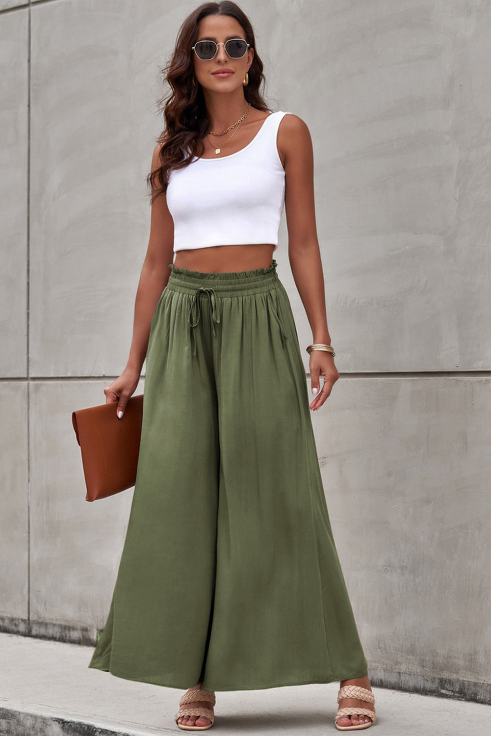 Women Linen Pants Elastic High Waist Wide Leg Palazzo Lounge Pants Casual  Loose Beach Pants with Pockets (S, ArmyGreen) at  Women's Clothing  store