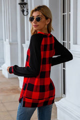 Plaid Round Neck Long Sleeve T-Shirt - Flyclothing LLC