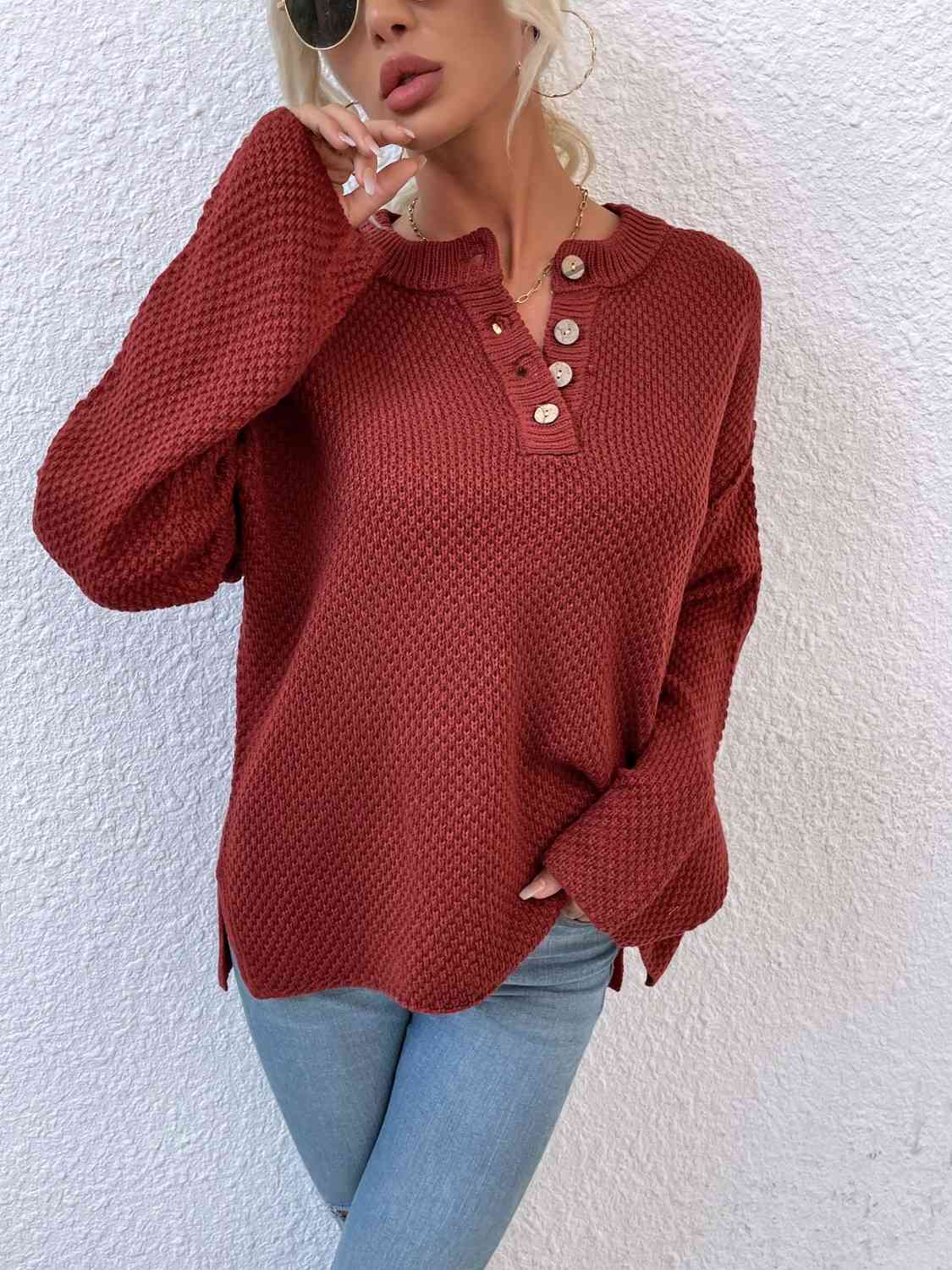 Quarter-Button Slit Sweater - Flyclothing LLC