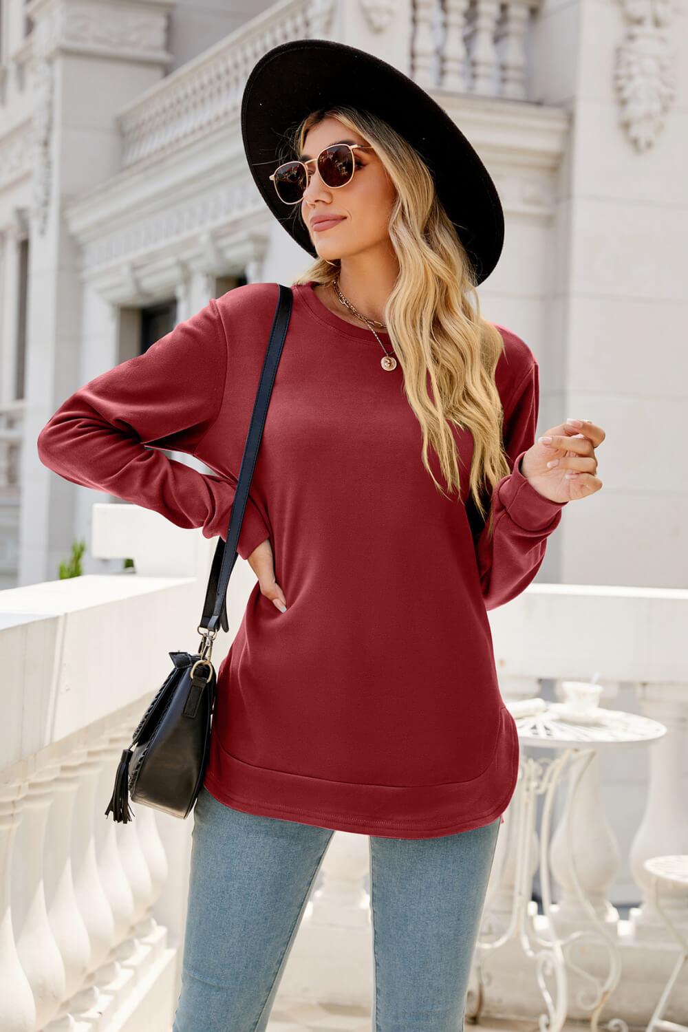 Round Neck Slit Tunic Top - Flyclothing LLC