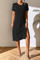 Ribbed Asymmetrical Neck Short Sleeve Dress - Flyclothing LLC