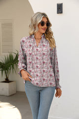 Printed Tie Neck Flounce Sleeve Blouse - Flyclothing LLC