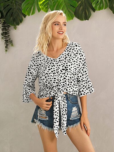 Tied Printed Button Up V-Neck Blouse - Flyclothing LLC