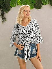 Tied Printed Button Up V-Neck Blouse - Flyclothing LLC