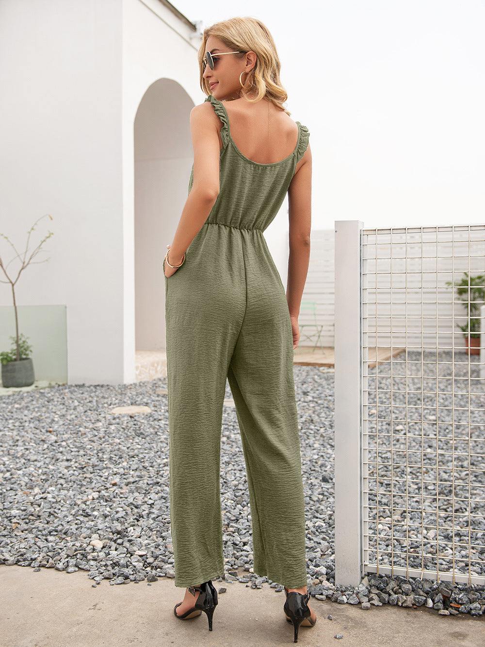 Round Neck Sleeveless Jumpsuit with Pockets - Flyclothing LLC