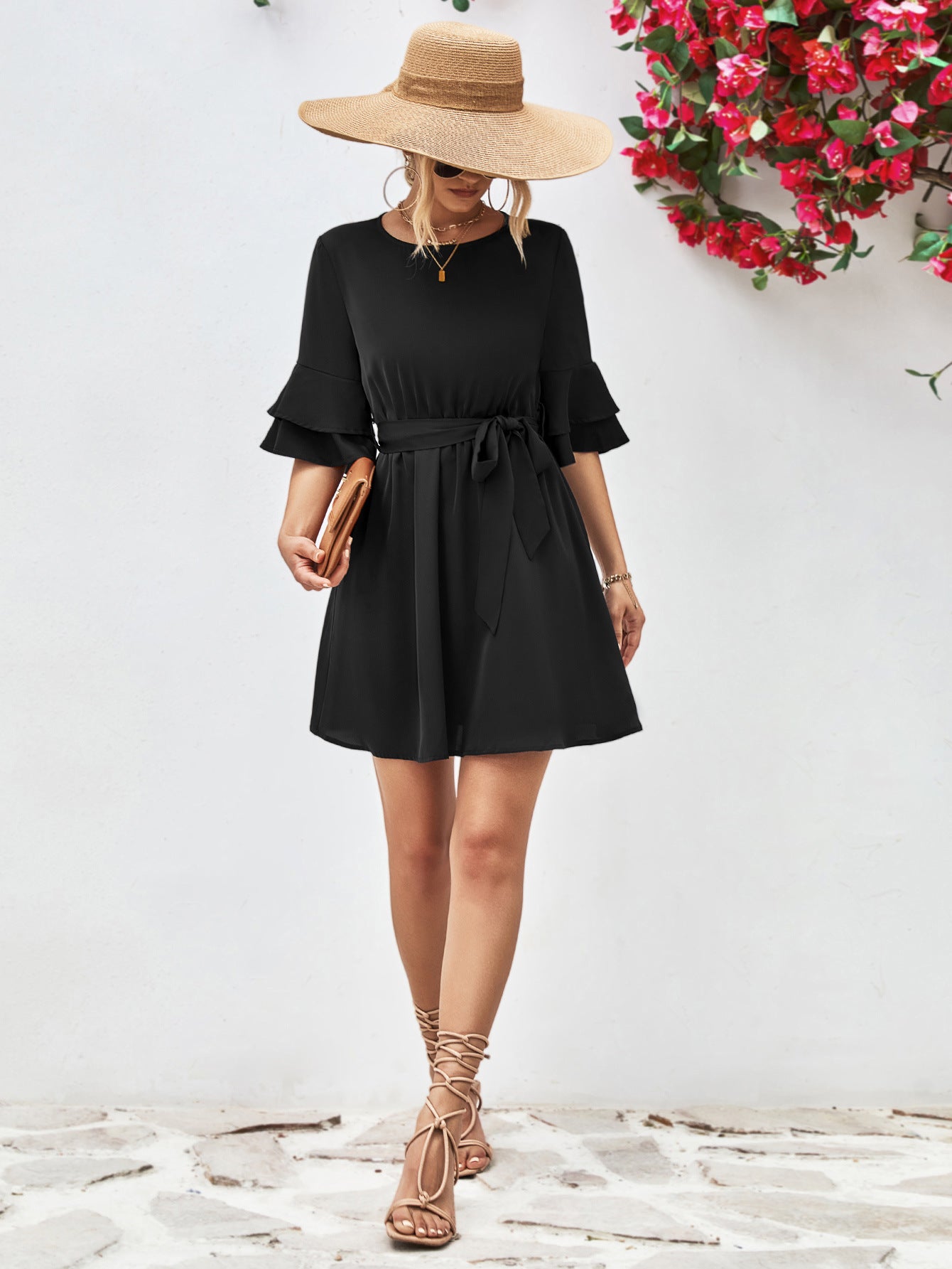 Round Neck Tie Belt Flounce Sleeve Dress - Flyclothing LLC