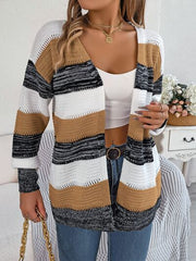 Openwork Striped Open Front Cardigan - Flyclothing LLC