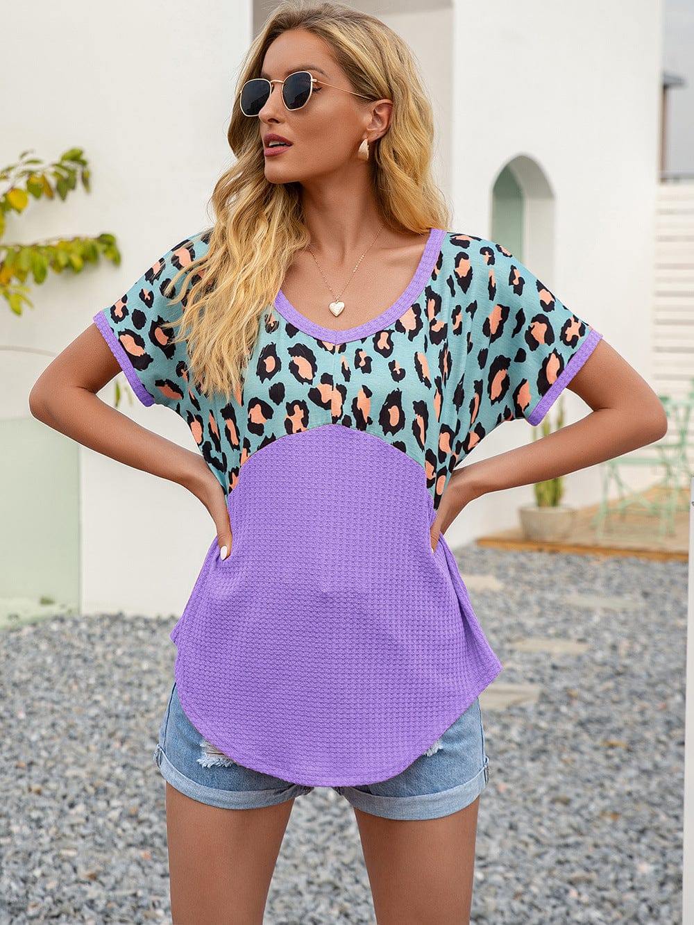 Leopard Waffle-Knit Short Sleeve Top - Trendsi