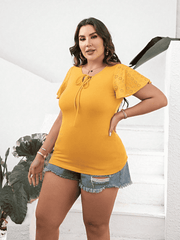 Plus Size Round Neck Blouse with Tie - Flyclothing LLC