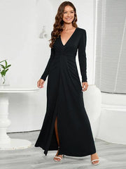 V-Neck Long Sleeve Split Dress - Flyclothing LLC