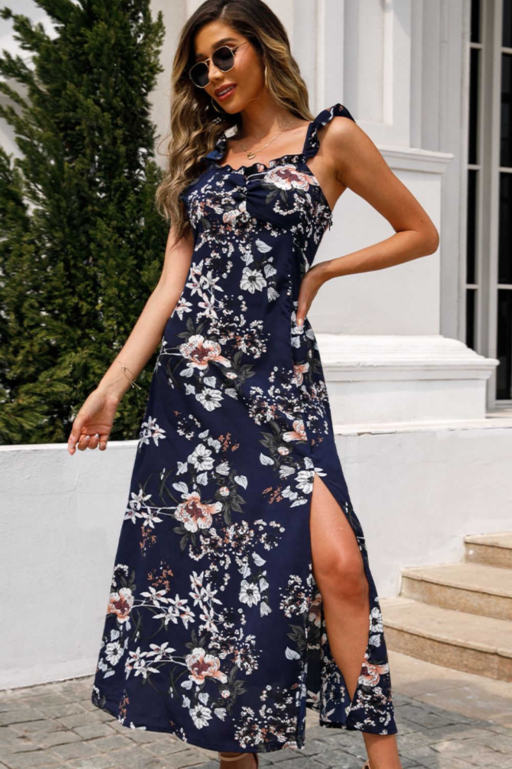 Floral Print Sleeveless Square Neck Slit Midi Dress - Flyclothing LLC