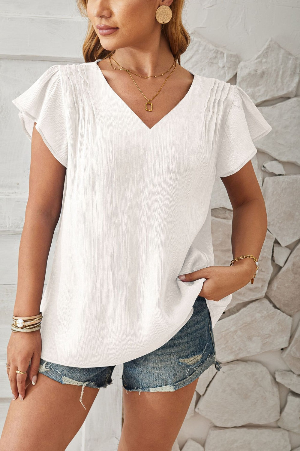 V-Neck Flutter Sleeve T-Shirt - Flyclothing LLC