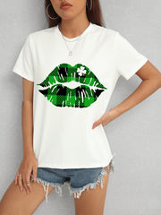 Plaid Lip Graphic Round Neck T-Shirt - Flyclothing LLC