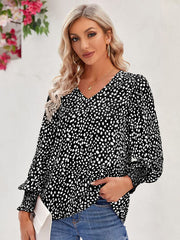 Printed V-Neck Lantern Sleeve Blouse - Flyclothing LLC