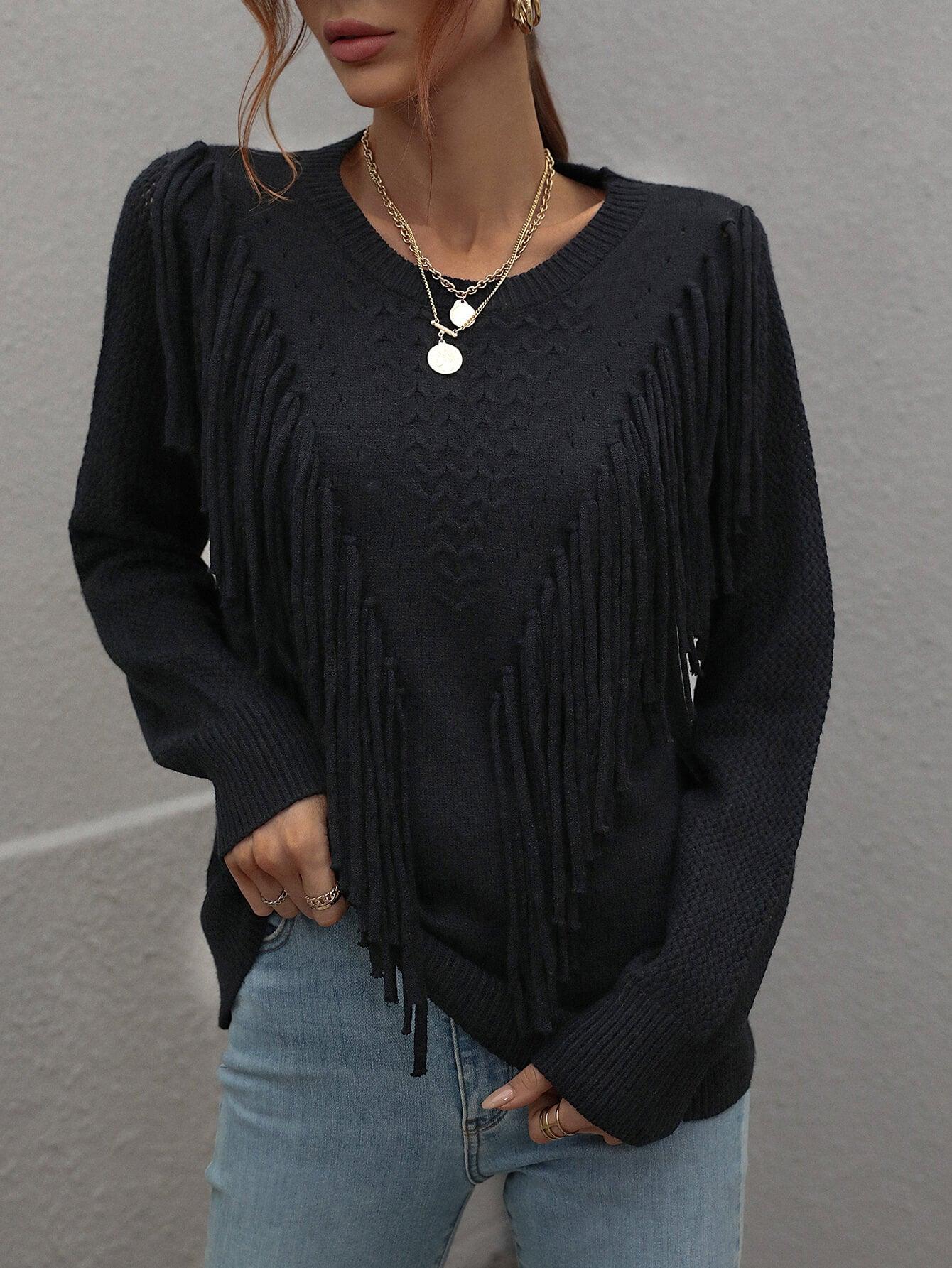 Fringe Detail Ribbed Trim Sweater - Flyclothing LLC