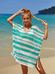 Tassel Openwork Striped V-Neck Cover Up - Flyclothing LLC