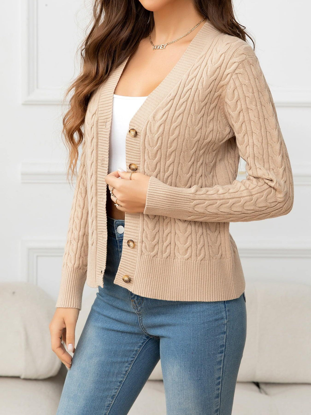 V-Neck Long Sleeve Cable-Knit Buttoned Knit Top - Flyclothing LLC