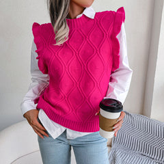 Ruffle Shoulder Ribbed Trim Sweater Vest - Flyclothing LLC