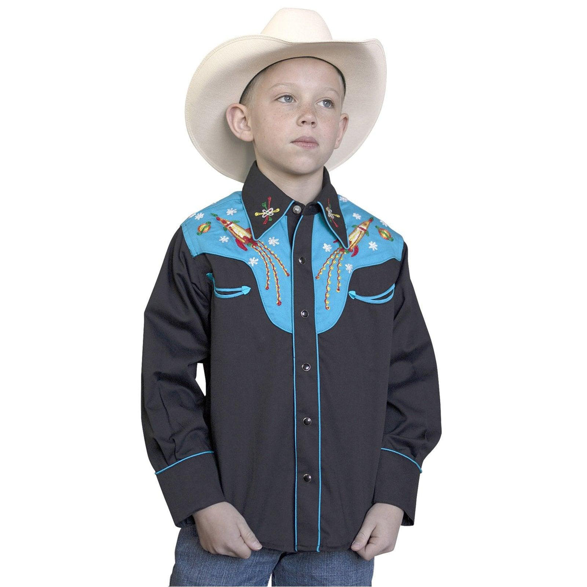 Kid's 2-Tone Space Cowboy Embroidered Western Shirt in Black & Turquoise - Flyclothing LLC