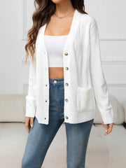 V-Neck Long Sleeve Buttoned Knit Top with Pocket - Flyclothing LLC