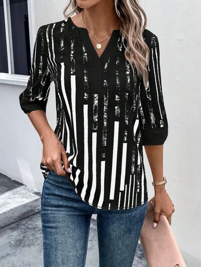 Striped Notched Half Sleeve Blouse - Flyclothing LLC