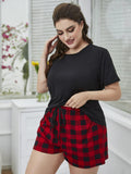 Plus Size Round Neck Tee Shirt and Plaid Shorts Lounge Set - Flyclothing LLC