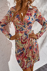 Printed Surplice Neck Long Sleeve Mini Dress - Flyclothing LLC