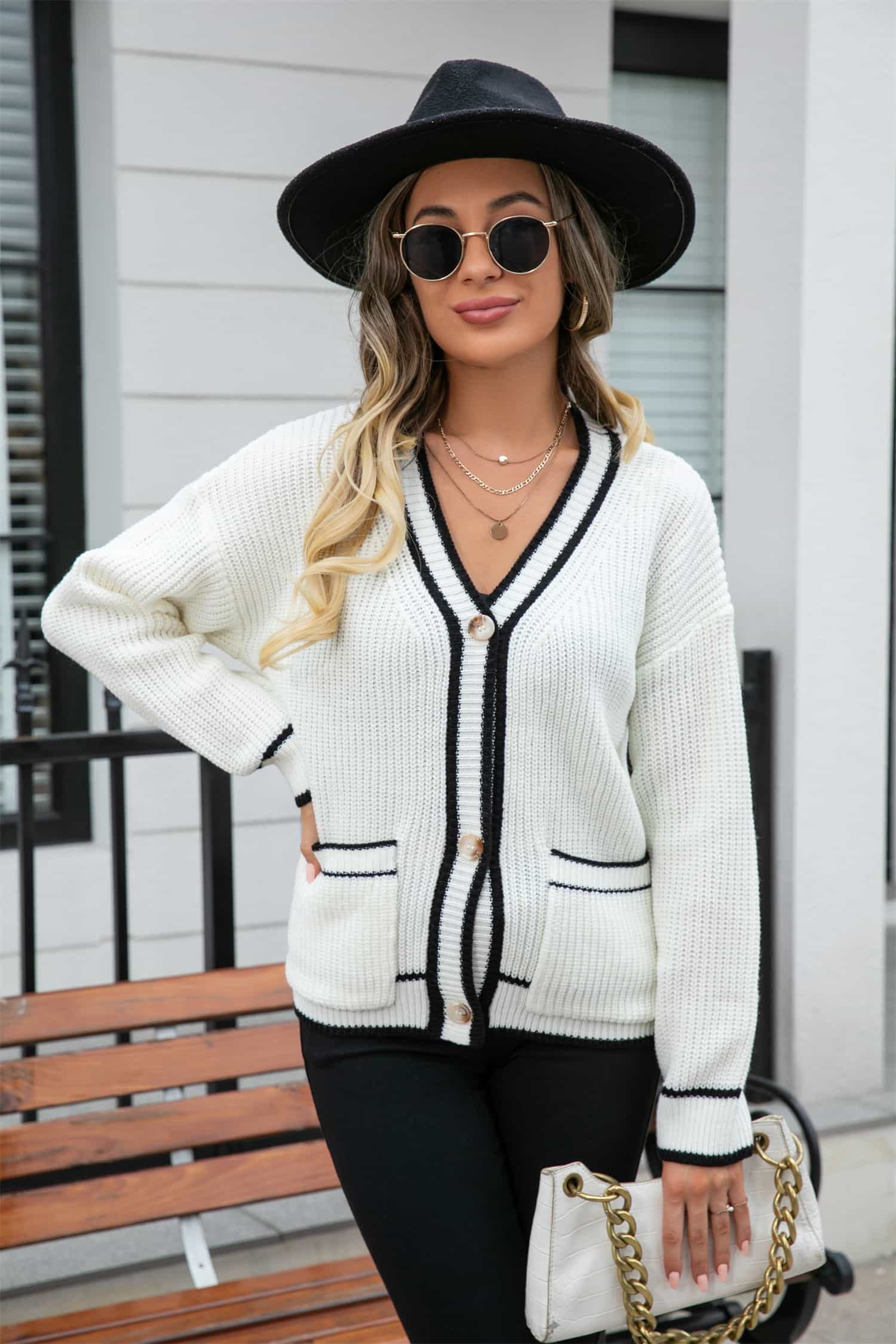 Waffle Knit V-Neck Cardigan with Pocket - Flyclothing LLC