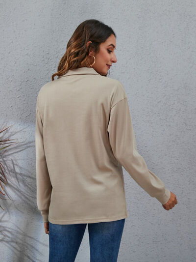 Half Button Dropped Shoulder Blouse - Flyclothing LLC