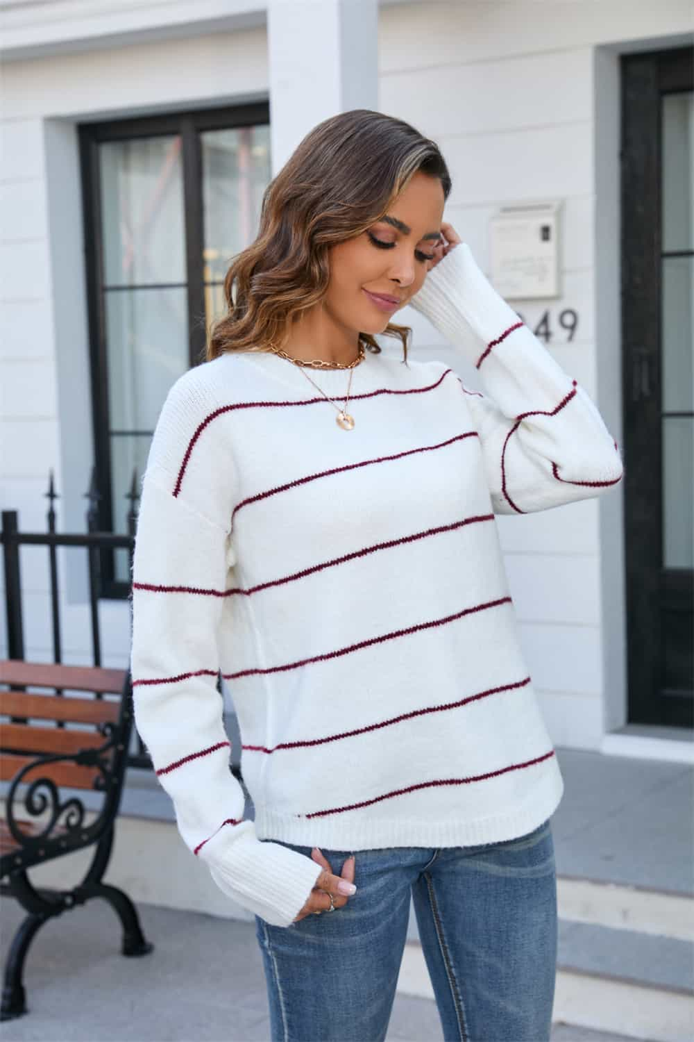 Striped Round Neck Long Sleeve Sweater - Flyclothing LLC