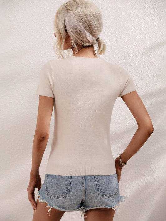 Cutout Round Neck Short Sleeve Knit Top - Trendsi