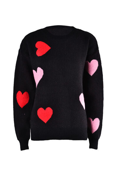 Heart Round Neck Droppped Shoulder Sweater - Flyclothing LLC