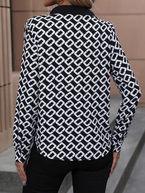 Printed Collared Neck Long Sleeve Shirt - Flyclothing LLC