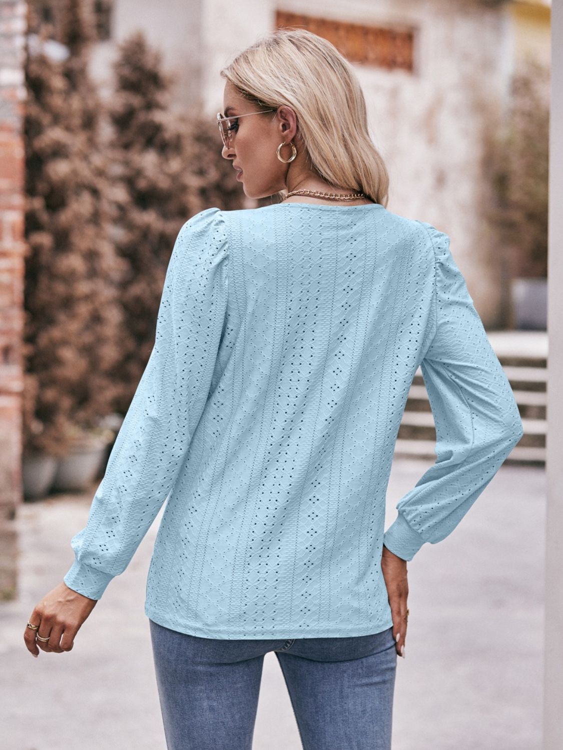 Eyelet Square Neck Puff Sleeve Blouse - Flyclothing LLC