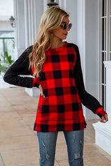 Plaid Round Neck Long Sleeve T-Shirt - Flyclothing LLC