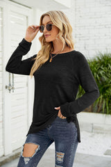 Heathered Slit Long Raglan Sleeve Top - Trendsi