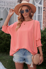 Round Neck Dolman Sleeve Textured Blouse - Flyclothing LLC