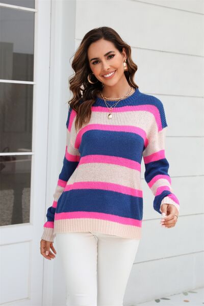 Color Block Round Neck Dropped Shoulder Sweater - Trendsi