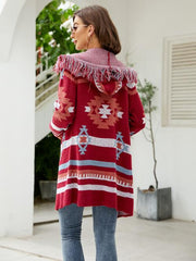 Fringe Geometric Hooded Long Sleeve Cardigan - Flyclothing LLC