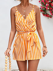 Striped Tie Waist Spaghetti Strap Romper - Flyclothing LLC