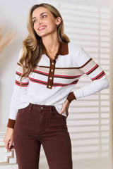 Basic Bae Striped Collared Neck Rib-Knit Top - Flyclothing LLC