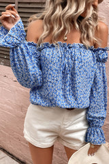 Off Shoulder Printed Frill Trim Blouse - Flyclothing LLC