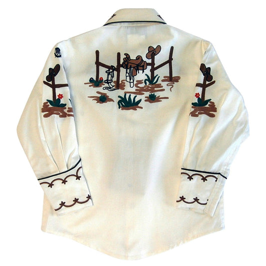 Rockmount Clothing Kids Cactus Cowboy Boots Embroidered Western Shirt In Ivory - Rockmount Clothing