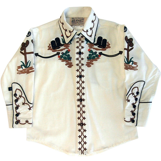 Rockmount Clothing Kids Cactus Cowboy Boots Embroidered Western Shirt In Ivory - Flyclothing LLC