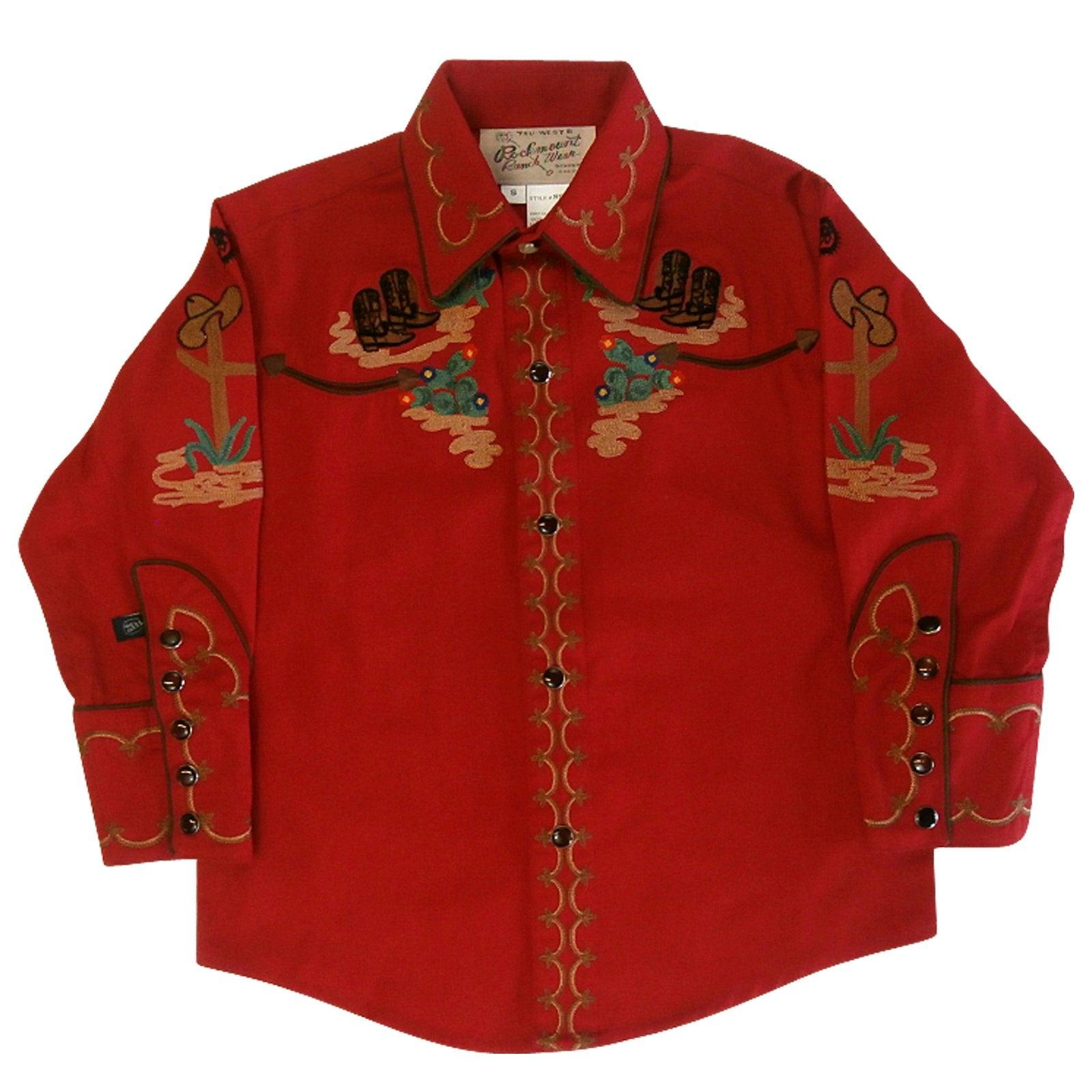 Kid's Cactus & Cowboy Boots Embroidered Western Shirt in Red - Flyclothing LLC