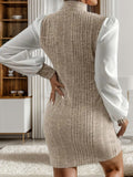 Ribbed Contrast Long Sleeve Sweater Dress - Flyclothing LLC