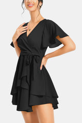 Surplice Neck Flutter Sleeve Dress - Flyclothing LLC